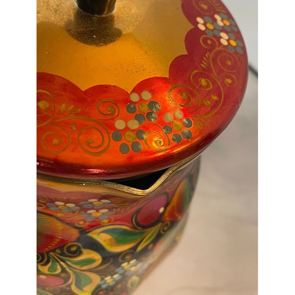 Vintage Russian Khokhloma Hand Painted Lacquer Floral Red Gold Jug Pitcher w Lid - Picture 11 of 16